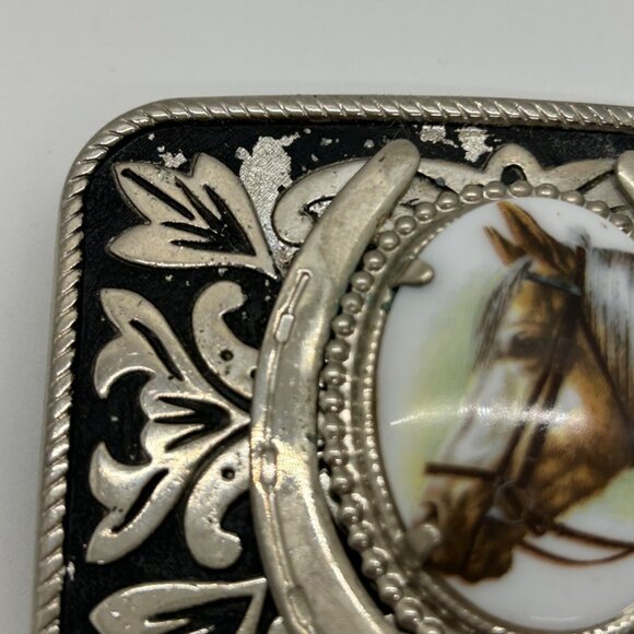 Vintage Western Style Belt Buckle Porcelain Horse Head Silver-tone - Picture 14 of 16